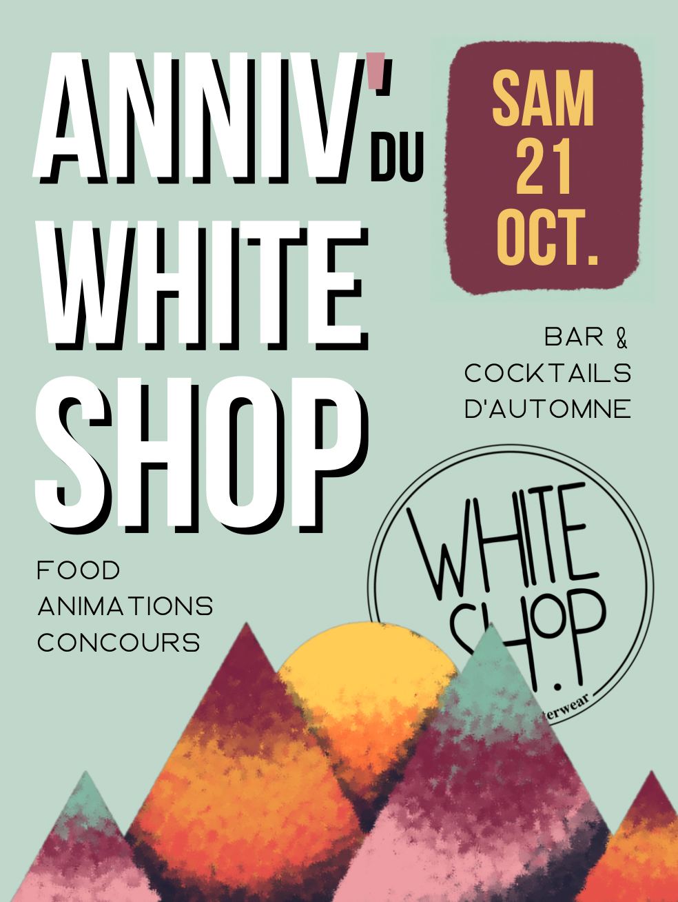 Affiche : anniversaire du White Shop, bar et cocktails d'automne