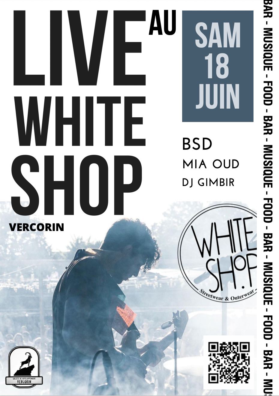 Affiche : live au White Shop, bar, musique et food